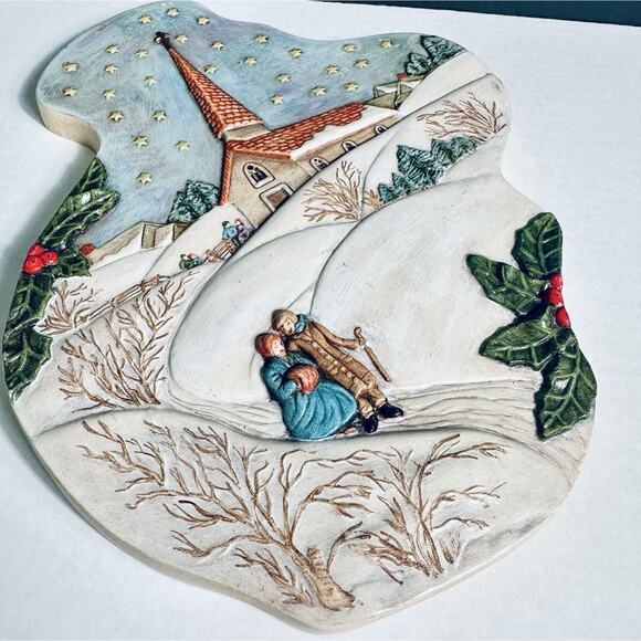 VTG 1980 Linda Warren Hand Painted Christmas Winter Church Scene Raised Wall Art - Picture 3 of 12